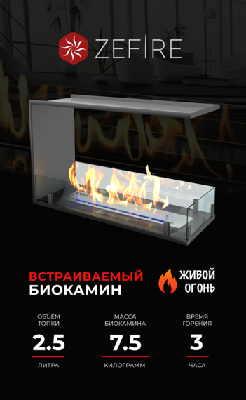Биокамин ZeFire торцевой сквозной Standart 700 Биокамин ZeFire торцевой сквозной Standart 700